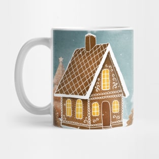 Gingerbread house moon and trees watercolor illustration. Fantasy candy world Christmas decorations. Snow hills. Magic winter forest Mug